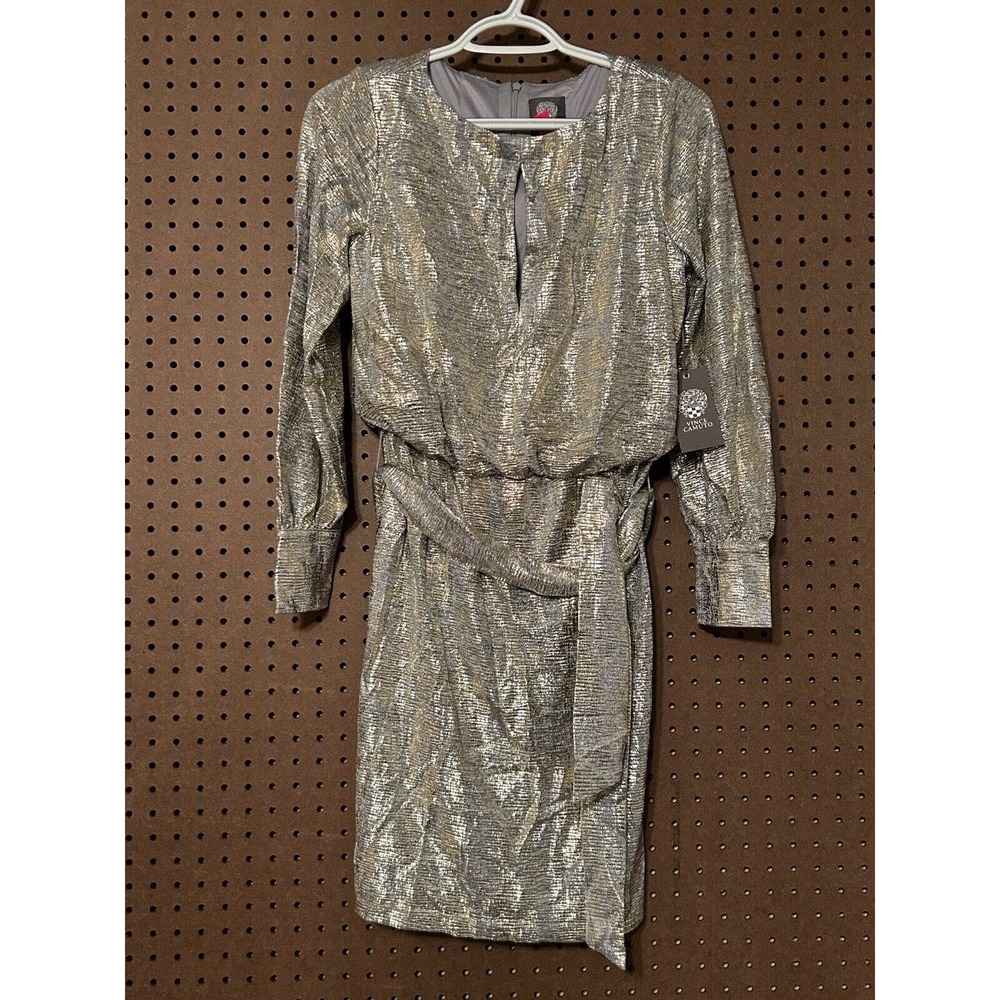 Vince Camuto Women's Gold Silver Metallic Tie Shift Dress Size 4 NWT $180 - Picture 4 of 8